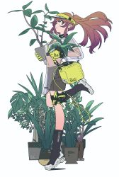 Rule 34 | 1girl, absurdres, between breasts, boots, box, breasts, brown hair, carrying, carrying under arm, floating hair, from side, full body, gloves, green eyes, grey shorts, gun, highres, holding, knee boots, looking at viewer, navel, original, plant, ponytail, potted plant, see-through, see-through sleeves, shoes, shorts, sidelocks, sideways glance, simple background, smile, sneakers, solo, sports bra, standing, standing on one leg, strap between breasts, tarou2, thigh strap, visor cap, watch, weapon, white background, wristwatch, yellow eyes, yellow gloves
