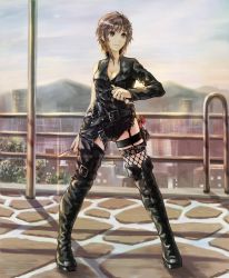 Rule 34 | 1girl, amagami, asymmetrical clothes, boots, breasts, brown eyes, brown hair, cleavage, fishnets, fork, holster, knife, l-grey, leather, pocky, sakurai rihoko, short hair, solo, thigh boots, thigh holster, thigh strap, thighhighs