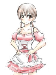 Rule 34 | 1girl, brown eyes, brown hair, dirndl, german clothes, gertrud barkhorn, hand on own hip, isosceles triangle (xyzxyzxyz), maid, ribbon, sketch, smile, solo, strike witches, twintails, white background, world witches series