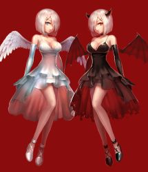 Rule 34 | 10s, 2girls, alternate costume, angel and devil, angel wings, ankle lace-up, arms at sides, black dress, black footwear, black gloves, black legwear, blue eyes, breasts, cleavage, cross-laced footwear, demon horns, demon wings, dress, dual persona, feathered wings, full body, gloves, hair ornament, hair over one eye, hairclip, hamakaze (kancolle), highres, horns, kantai collection, layered dress, looking at viewer, medium breasts, multiple girls, one eye covered, red background, red eyes, red wings, shoes, short dress, short hair, sleeveless, sleeveless dress, symmetrical pose, to nasu, torn clothes, torn dress, white dress, white footwear, white gloves, white hair, white wings, wings