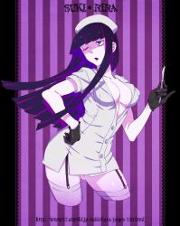 Rule 34 | 1girl, black hair, blue eyes, borrowed character, breasts, cleavage, cowboy shot, cropped legs, garter straps, gloves, hand on own hip, hat, highres, kamezaemon, large breasts, multicolored hair, nurse, nurse cap, one eye closed, original, purple hair, scalpel, solo, striped, striped background, thighhighs, two-tone hair, watermark, web address