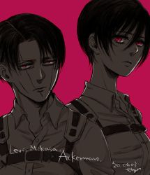 Rule 34 | 1boy, 1girl, bandaid, bandaid on face, black hair, breasts, ebgr, expressionless, scar on face, half-closed eyes, height difference, levi (shingeki no kyojin), limited palette, looking at viewer, mikasa ackerman, monochrome, aged up, pink background, pink eyes, purple background, purple eyes, scar, scar across eye, scar on cheek, scar on face, shingeki no kyojin, short hair, simple background, spoilers, suspenders, timeskip, undercut