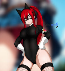 Rule 34 | 1girl, animal costume, animal ears, breasts, clothes lift, erza scarlet, fairy tail, highres, large breasts, long hair, panties, red hair, red panties, skirt, skirt lift, swimsuit, underwear