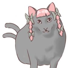 Rule 34 | animal focus, black eyes, bow, braid, cat, full body, green bow, grey cat, hair bow, highres, huh? cat (meme), kaenbyou rin, kaenbyou rin (cat), looking at viewer, meme, multiple tails, no humans, open mouth, pink hair, rass-mameki, simple background, solo, tail, touhou, twin braids, two tails, white background
