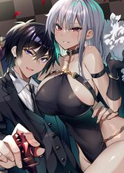 Rule 34 | 1boy, 1girl, arm around waist, armband, black coat, black dress, black gloves, black hair, black necktie, black vest, bracelet, breasts, coat, cocktail glass, cup, dress, drinking glass, gloves, gradient hair, grin, heart o-ring, highres, huge breasts, jewelry, looking at viewer, multicolored hair, necktie, original, parted lips, pelvic curtain, purple eyes, red eyes, sanshoku amido, shirt, smile, vest, white shirt