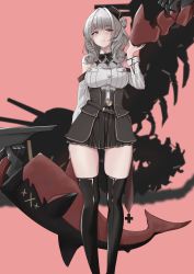 Rule 34 | 1girl, arm behind back, arm up, azur lane, black bow, black bowtie, black headwear, black skirt, black thighhighs, blush, boots, bow, bowtie, breasts, closed mouth, drill hair, drill sidelocks, feet out of frame, grey eyes, grey hair, highres, long hair, looking at viewer, luetzow (azur lane), medium breasts, p.i.t.d, red background, shirt, sidelocks, skirt, smile, solo, standing, thigh boots, thighhighs, thighs, white shirt