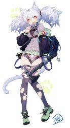 Rule 34 | 1girl, :d, animal ears, axe, bad id, bad pixiv id, bag, belt, black gloves, black jacket, black thighhighs, breasts, buttons, candy, cat ears, cat girl, cat tail, charm (object), collar, duffel bag, fang, food, full body, gloves, green footwear, green skirt, grey shirt, holding, holding axe, holding candy, holding food, holding lollipop, jacket, leg belt, lollipop, long hair, long sleeves, looking at viewer, medium breasts, microskirt, off shoulder, open clothes, open jacket, open mouth, original, panties, pleated skirt, puffy sleeves, red eyes, ribbed sweater, school uniform, shibuya (kurokamishain), shirt, shoes, silver hair, single glove, skirt, smile, solo, standing, strap, sweater, tail, thighhighs, torn clothes, torn thighhighs, twintails, underwear, white panties