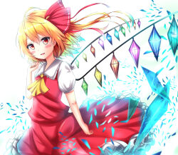 Rule 34 | 1girl, absurdres, ascot, backlighting, blonde hair, blush, bow, collared shirt, cowboy shot, crystal, flandre scarlet, frilled shirt collar, frilled skirt, frills, glowing, glowing wings, hair bow, head tilt, highres, looking at viewer, medium hair, multicolored wings, no headwear, open mouth, puffy short sleeves, puffy sleeves, red bow, red eyes, red skirt, red vest, renka (cloudsaikou), shirt, short sleeves, simple background, skirt, skirt set, solo, touhou, vest, white background, white shirt, wings, yellow ascot