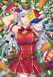 Rule 34 | 1girl, animal ears, armband, barham, brand name imitation, card, carrot, dress, gloves, gold ship (umamusume), hat, holding, holding toy, horse ears, long hair, looking at viewer, lying, mahjong, mahjong tile, on back, one eye covered, outstretched arm, pantyhose, playing card, red dress, red eyes, red neckwear, rubik&#039;s cube, sleeveless, sleeveless dress, smile, solo, top hat, toy, umamusume, uno (game), waistpack, white gloves, white hair