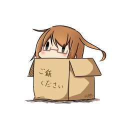 Rule 34 | 10s, 1girl, 2017, box, cardboard box, dated, glasses, hatsuzuki 527, in box, in container, kantai collection, long hair, mochizuki (kancolle), red-framed eyewear, simple background, solid oval eyes, solo, translation request, twitter username, white background