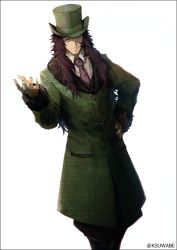 Rule 34 | 1boy, black border, black pants, border, brown hair, closed eyes, coat, collared shirt, commentary request, facing viewer, fate/grand order, fate (series), fur trim, green coat, green hat, hand on own hip, hand up, hat, k-suwabe, lev lainur flauros, long hair, long sleeves, male focus, necktie, pants, shirt, simple background, smile, solo, standing, white background, white shirt, wing collar