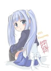 Rule 34 | 1girl, azur lane, blue eyes, blue hair, blush, character name, commentary request, hair ornament, jacket, kan&#039;nagi (vtk7710), long hair, long sleeves, looking at viewer, open mouth, signature, solo, thighhighs, twintails, vincennes (azur lane), white background