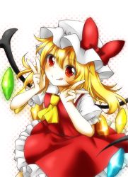Rule 34 | 1girl, ascot, bad id, bad pixiv id, blonde hair, double v, female focus, flandre scarlet, hat, hat ribbon, licking lips, puffy sleeves, red eyes, ribbon, shirt, short sleeves, side ponytail, skirt, skirt set, smile, solo, tongue, tongue out, touhou, v, vest, wings, yukine