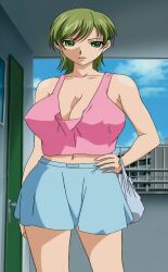 Rule 34 | 1girl, absurdres, breasts, cleavage, futago no haha seihonnou, green eyes, green hair, hand on own hip, highres, huge breasts, kimishima yuuko, legs, lipstick, looking at viewer, makeup, mature female, midriff, navel, parted lips, short hair, skirt, stitched, tank top, thighs, third-party edit