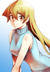 Rule 34 | 1girl, blonde hair, blue background, blue sweater, blush, casual, closed mouth, floating hair, gradient background, hair between eyes, highres, long hair, orange eyes, rourou ill, shiny skin, smile, solo, straight hair, sweater, tenjouin asuka, upper body, very long hair, vest, white background, yu-gi-oh!, yu-gi-oh! gx
