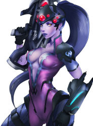 Rule 34 | 1girl, blue hair, bodysuit, breasts, center opening, cleavage, colored skin, gun, head-mounted display, long hair, looking at viewer, overwatch, overwatch 1, parted lips, ponytail, purple skin, rifle, ryumi-gin, simple background, sniper rifle, solo, standing, thick thighs, thighs, visor, weapon, white hair, wide hips, widowmaker (overwatch), yellow eyes