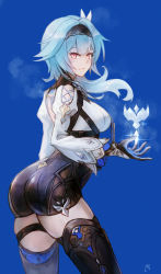 Rule 34 | 1girl, ass, backless outfit, bare shoulders, black headband, black shorts, black thighhighs, blue background, blue hair, blue necktie, boots, breasts, closed mouth, commentary request, cowboy shot, eula (genshin impact), from behind, genshin impact, hair ornament, headband, highres, ice, juliet sleeves, long sleeves, looking at viewer, medium breasts, medium hair, necktie, petcha the o, puffy sleeves, shorts, simple background, solo, thigh boots, thighhighs, two-tone gloves, yellow eyes, zettai ryouiki