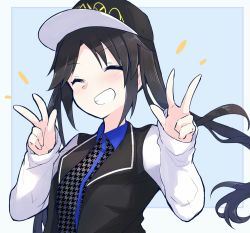 Rule 34 | 1girl, baseball cap, black hair, black hat, black jacket, black shirt, blue background, blue neckwear, blush, closed eyes, collared shirt, double v, facing viewer, grin, hands up, hanetsuka, hat, highres, houndstooth, idolmaster, idolmaster shiny colors, jacket, long hair, long sleeves, mitsumine yuika, open clothes, open jacket, parted bangs, shirt, sidelocks, sleeves past wrists, smile, solo, teeth, twintails, two-tone background, upper body, v, v-shaped eyebrows, white background, wing collar