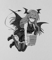 Rule 34 | 1girl, absurdres, book, closed mouth, collared shirt, commentary request, demon tail, demon wings, dress, frilled dress, frills, full body, greyscale, hair between eyes, head wings, highres, holding, holding book, kamenozoki momomo, koakuma, long hair, long sleeves, monochrome, necktie, one-hour drawing challenge, pantyhose, shirt, shoes, signature, solo, tail, touhou, twitter username, vest, wings