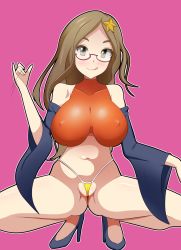 Rule 34 | 1girl, bare shoulders, blush, breasts, brown eyes, brown hair, covered erect nipples, creatures (company), female focus, game freak, gesture, glasses, hand gesture, harubato, highres, large breasts, long hair, looking at viewer, nia (pokemon), nintendo, pokemon, pokken tournament, pussy, smile, solo, spread legs, squatting, thong, tongue, tongue out