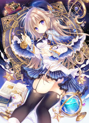 Rule 34 | 1girl, :o, ahoge, armillary sphere, beret, binoculars, black hat, black thighhighs, blonde hair, blue capelet, blue skirt, blush, book, capelet, celestial globe, constellation, feet out of frame, floating hair, frilled skirt, frills, garter straps, hair between eyes, hat, highres, hourglass, jacket, long hair, looking at viewer, looking back, miniskirt, official art, open book, original, panties, parted lips, purple eyes, skirt, sky, solo, star (sky), star (symbol), starry sky, striped clothes, striped skirt, tatekawa mako, thighhighs, underwear, vertical-striped clothes, vertical-striped skirt, very long hair, white jacket, white panties