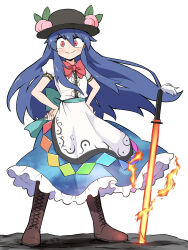 Rule 34 | 1girl, apron, black hat, blue hair, blue skirt, blush, boots, bow, brown footwear, closed mouth, cross-laced footwear, flaming sword, flaming weapon, food, frilled skirt, frills, fruit, full body, hands on own hips, hat, highres, hinanawi tenshi, kurachi mizuki, lace-up boots, long hair, peach, red bow, red eyes, shirt, skirt, smile, solo, touhou, very long hair, waist bow, white apron, white background, white shirt