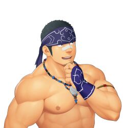 Rule 34 | 1boy, abs, ainu, ainu clothes, bandaid, bandaid on face, bandaid on nose, bara, bead necklace, beads, black hair, blue headband, buzz cut, facial hair, goatee, gyee, hand on own chin, headband, itto (mentaiko), jewelry, kamui (gyee), large pectorals, long sideburns, looking to the side, male focus, mature male, muscular, muscular male, necklace, nipples, nude, pectorals, short hair, sideburns, smile, solo, stroking beard, stroking own chin, stubble, thick arms, thick eyebrows, upper body, very short hair