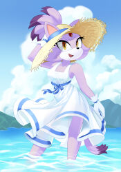 Rule 34 | 1girl, absurdres, alternate costume, blaze the cat, blue sky, cloud, dress, dstears, furry, furry female, gloves, hat, highres, mountainous horizon, open mouth, partially submerged, sky, smile, solo, sonic (series), straw hat, sundress, water, white dress, white gloves
