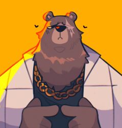 Rule 34 | 1boy, animal ears, bara, bear boy, bear ears, ben bigger, chain-link fence, fat, fat man, fence, fidgeting, furry, furry male, heart, highres, index fingers together, looking at viewer, male focus, notched ear, pants, scar, scar across eye, scraffyraccoon, solo, straight-on, upper body, zenless zone zero