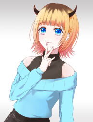 Rule 34 | 15taruhito, 1girl, bare shoulders, blonde hair, blue eyes, blue sweater, closed mouth, commentary, demon horns, gradient background, grey background, horns, long sleeves, mem-cho, multicolored hair, nail polish, off-shoulder sweater, off shoulder, oshi no ko, pink nails, roots (hair), short hair, simple background, solo, sweater, v