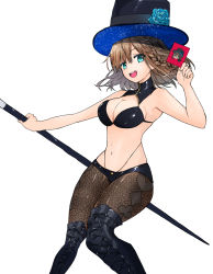 Rule 34 | 1girl, ameshiki, bare shoulders, bikini, black bikini, black hat, braid, breasts, brown hair, brown pantyhose, card, charlotte corday (fate), charlotte corday (swimsuit caster) (fate), charlotte corday (swimsuit caster) (third ascension) (fate), elbow gloves, fate/grand order, fate (series), gloves, green eyes, hat, highres, large breasts, looking at viewer, navel, open mouth, pantyhose, short hair, side braid, smile, solo, swimsuit, thighs, top hat, wand