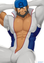 Rule 34 | 1boy, abs, archie (pokemon), arms behind head, bandana, bara, beard, black eyes, black hair, blue bandana, bodysuit, bulge, covered erect nipples, creatures (company), dark-skinned male, dark skin, facial hair, game freak, highres, large pectorals, long sleeves, looking at viewer, male focus, mature male, mikicat, muscular, muscular male, mustache, navel, nintendo, nipples, official alternate costume, open bodysuit, open clothes, pectoral cleavage, pectorals, pokemon, pokemon masters ex, pokemon rse, short hair, solo, stomach, torn bodysuit, torn clothes, white bodysuit