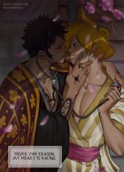 Rule 34 | 2boys, arm tattoo, black hair, blonde hair, blush, chest tattoo, earrings, english text, facial hair, goatee, hand tattoo, highres, imminent kiss, japanese clothes, jewelry, kimono, long sleeves, looking at another, male focus, multiple boys, one piece, sanji (one piece), stethoscope, tattoo, trafalgar law, wide sleeves, yaoi