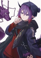 Rule 34 | 1girl, arknights, black headwear, black scarf, chinese commentary, commentary request, dragon, gradient hair, hibioes, hibiscus (arknights), highres, horns, lava (arknights), long sleeves, medium hair, multicolored hair, pointy ears, purple hair, red hair, red shirt, scarf, shirt, stuffed animal, stuffed toy, sweatdrop