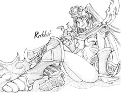 Rule 34 | 1girl, :p, armor, breasts, gender request, genderswap, greaves, greyscale, large breasts, league of legends, master yi, monochrome, muscular, navel, ponytail, solo, tongue, tongue out, underboob, vambraces, weapon