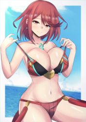 Rule 34 | 1girl, absurdres, adapted costume, adjusting clothes, alternate costume, bare shoulders, bikini, blue sky, breasts, chest jewel, cleavage, collarbone, earrings, groin, highres, jewelry, large breasts, latte, looking at viewer, navel, ocean, pyra (xenoblade), red eyes, red hair, short hair, sky, smile, solo, swept bangs, swimsuit, water, xenoblade chronicles (series), xenoblade chronicles 2