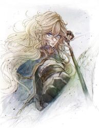 Rule 34 | 1boy, aiming, aiming at viewer, black gloves, blonde hair, blue cape, blue eyes, bow (weapon), cape, cropped torso, drawing bow, dust, fingerless gloves, gloves, granblue fantasy, hair between eyes, highres, holding, holding bow (weapon), holding weapon, long hair, looking at viewer, male focus, matsumoto mio, naoise, parted lips, simple background, solo, wavy hair, weapon, white background