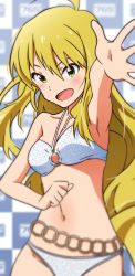 Rule 34 | 1girl, :d, absurdres, ahoge, akizuki ritchan, armpits, belly chain, bikini, blonde hair, blurry, blurry background, blush, breasts, collarbone, green eyes, hair between eyes, halterneck, highres, hoshii miki, idolmaster, idolmaster (classic), jewelry, long hair, navel, open mouth, outstretched arm, outstretched hand, small breasts, smile, solo, standing, swimsuit, very long hair, white bikini