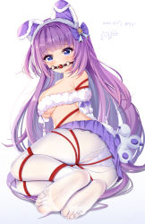Rule 34 | 1girl, animal ears, azur lane, ball gag, bdsm, bondage, bound, bound arms, bound legs, bound wrists, breasts, brown sweater, cat ears, coat, crotch rope, fake animal ears, feet, gag, gagged, high-waist shorts, highres, medium breasts, miaogujun, no shoes, pantyhose, red rope, restrained, rope, shibari, shibari over clothes, shorts, soles, sweater, tashkent (azur lane), tashkent (muse) (azur lane), toes, very long sleeves, white coat, white pantyhose, wiffle gag, winter clothes