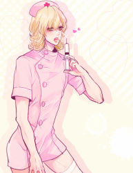 Rule 34 | 10s, 1boy, androgynous, bad id, bad pixiv id, barnaby brooks jr., blonde hair, glasses, green eyes, hat, male focus, nurse, nurse cap, poco24, solo, syringe, thighhighs, tiger &amp; bunny, white thighhighs
