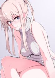 Rule 34 | 10s, 1girl, aran sweater, backless dress, backless outfit, bare shoulders, blonde hair, blue eyes, blush, breasts, cable knit, cleavage, closed mouth, crossed legs, dress, dutch angle, graf zeppelin (kancolle), grey background, hair between eyes, halterneck, highres, kantai collection, kurihara kenshirou, large breasts, long hair, looking at viewer, meme attire, nose blush, ribbed sweater, simple background, solo, sweater, sweater dress, turtleneck, turtleneck sweater, twintails, virgin killer sweater, wavy mouth