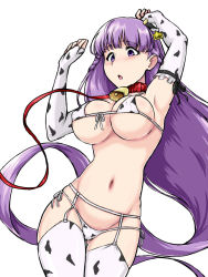 Rule 34 | 1girl, :o, absurdly long hair, animal costume, animal print, arms up, bell, blush, bra, breasts, chinese zodiac, collar, cow costume, cow print, cow print bikini, deno (denomina0), ear tag, elbow gloves, fire emblem, fire emblem: the binding blade, fire emblem heroes, garter straps, gloves, groin, highres, large breasts, lingerie, long hair, looking down, navel, neck bell, nintendo, panties, print bikini, purple eyes, purple hair, side-tie panties, simple background, solo, sophia (fire emblem), thighhighs, underwear, very long hair, white background, year of the ox