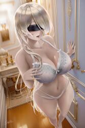 Rule 34 | 1girl, absurdres, barefoot, black blindfold, blindfold, blonde hair, blurry, blurry background, bra, breasts, cleavage, collarbone, commentary, depth of field, english commentary, goblin slayer!, hallway, hand on own chest, hand on wall, highres, indoors, large breasts, lips, long bangs, long hair, navel, open mouth, panties, signature, solo, soy&#039;elve, standing, sword maiden, underwear, underwear only, white bra, white panties