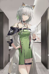 Rule 34 | 1girl, absurdres, animal ear fluff, animal ears, arknights, asymmetrical hair, bad id, bad pixiv id, blurry, blurry background, breasts, cat ears, closed mouth, coat, cowboy shot, detached collar, dress, eyelashes, green dress, green eyes, green hair, hallway, hand on own hip, highres, holding, holding paper, huge filesize, jenmin12, jewelry, kal&#039;tsit (arknights), korean commentary, lab coat, looking at viewer, material growth, medium breasts, multicolored hair, necklace, off-shoulder dress, off shoulder, oripathy lesion (arknights), paper, short hair, short hair with long locks, silver hair, solo, stethoscope, strap, streaked hair, tile floor, tiles, two-tone hair, white coat