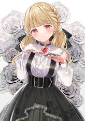 Rule 34 | 1girl, blonde hair, braid, highres, jewelry, kogara toto, looking at viewer, lupinus virtual games, open mouth, pome charo, red eyes, skirt, smile, solo, suspender skirt, suspenders, virtual youtuber, vspo!, white background