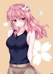 Rule 34 | 1girl, alternate costume, armpit crease, arms behind back, bare arms, blue shirt, blush, breasts, brown skirt, casual, cherry blossoms, collarbone, commentary request, contemporary, grin, hair between eyes, head tilt, heart, highres, hitodama, ibuibuyou, looking at viewer, medium breasts, no headwear, no headwear, pink eyes, pink hair, saigyouji yuyuko, shirt, short hair, sideboob, signature, skirt, sleeveless, sleeveless shirt, smile, solo, standing, tan background, touhou, triangular headpiece, upper body