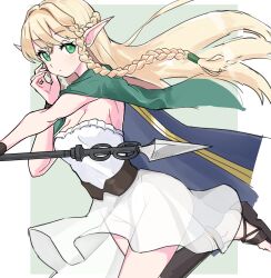 Rule 34 | 1girl, blonde hair, blush, braid, breasts, cleavage, cloak, dress, elf, eltolinde (unicorn overlord), eyelashes, green cloak, green eyes, grey background, hair intakes, highres, holding, holding staff, long hair, looking at viewer, medium breasts, nmgv, pointy ears, sandals, simple background, sketch, solo, staff, standing, standing on one leg, twin braids, two-tone background, unicorn overlord, very long hair, white background, white dress