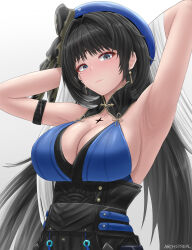 Rule 34 | 1girl, archstreal, arm strap, armpits, arms up, artist name, black hair, blue headwear, blush, breasts, cleavage, closed mouth, collarbone, earrings, gradient background, grey background, grey eyes, hair ornament, highres, jewelry, large breasts, long hair, looking at viewer, mole, mole under eye, simple background, solo, upper body, wuthering waves, yangyang (wuthering waves)