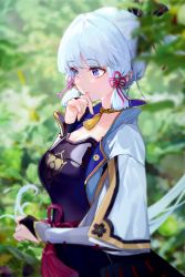Rule 34 | 1girl, absurdres, arm guards, armor, armored dress, ayaka (genshin impact), blue eyes, blue hair, blunt bangs, blunt tresses, blurry, blurry background, breastplate, breasts, bridal gauntlets, eggs zero, finger to mouth, genshin impact, gold trim, hair ornament, hair ribbon, highres, japanese armor, leaf, light blue hair, long hair, medium breasts, mole, mole under eye, neck tassel, outdoors, ponytail, ribbon, solo, tassel, tress ribbon, wide sleeves
