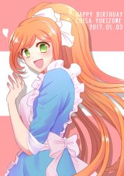Rule 34 | 1girl, 2017, :d, apron, back bow, blue shirt, blue skirt, blush, bow, brown hair, character name, danganronpa (series), danganronpa 3 (anime), dated, frilled apron, frills, from side, green eyes, hair bow, happy birthday, heart, high ponytail, long hair, looking at viewer, open mouth, pink background, shirt, sketti, skirt, sleeves rolled up, smile, solo, standing, swept bangs, two-tone background, very long hair, white apron, white background, white bow, yukizome chisa